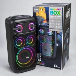Караоке тонколона BTS-2509 с говорител 8", 2 безжични микрофона, RGB светлини и LCD дисплей