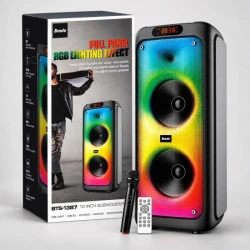 Bluetooth караоке тонколона Brodu BTS-1387 с RGB Flame ефект, 2 × 10", безжичен микрофон и дистанционно