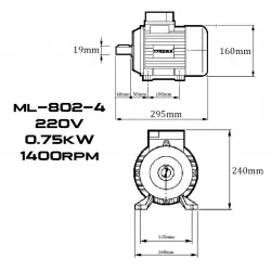 Електродвигател монофазен ТУНДЖА ML802-4 0.75kW 1400 оборота/минута